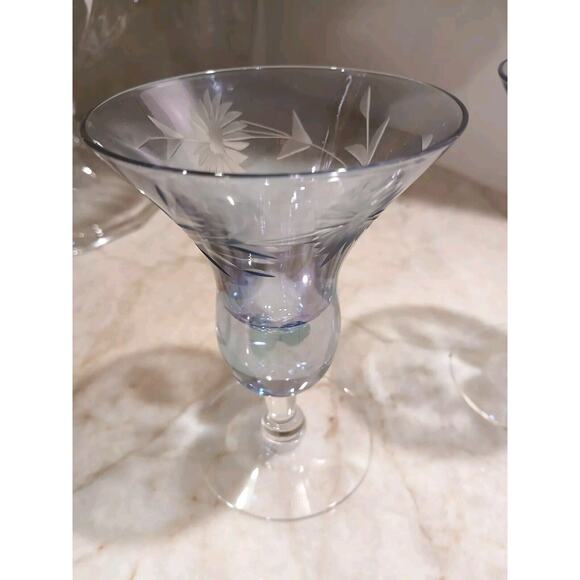 Murano Etched Cocktail Cordial Glasses 5" BLUE Barware Hand Blown Italy Antique - Picture 7 of 16